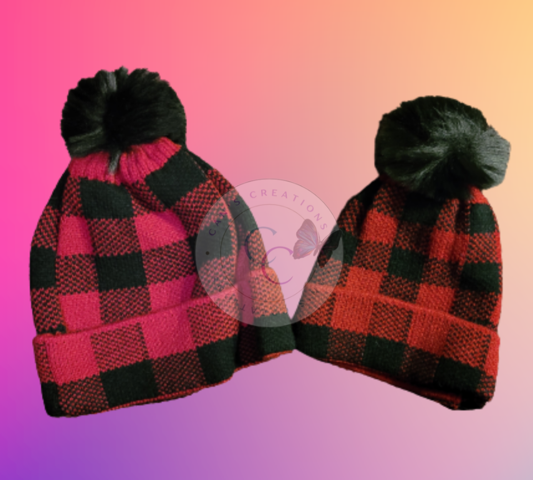 Plaid Pom pom beanie